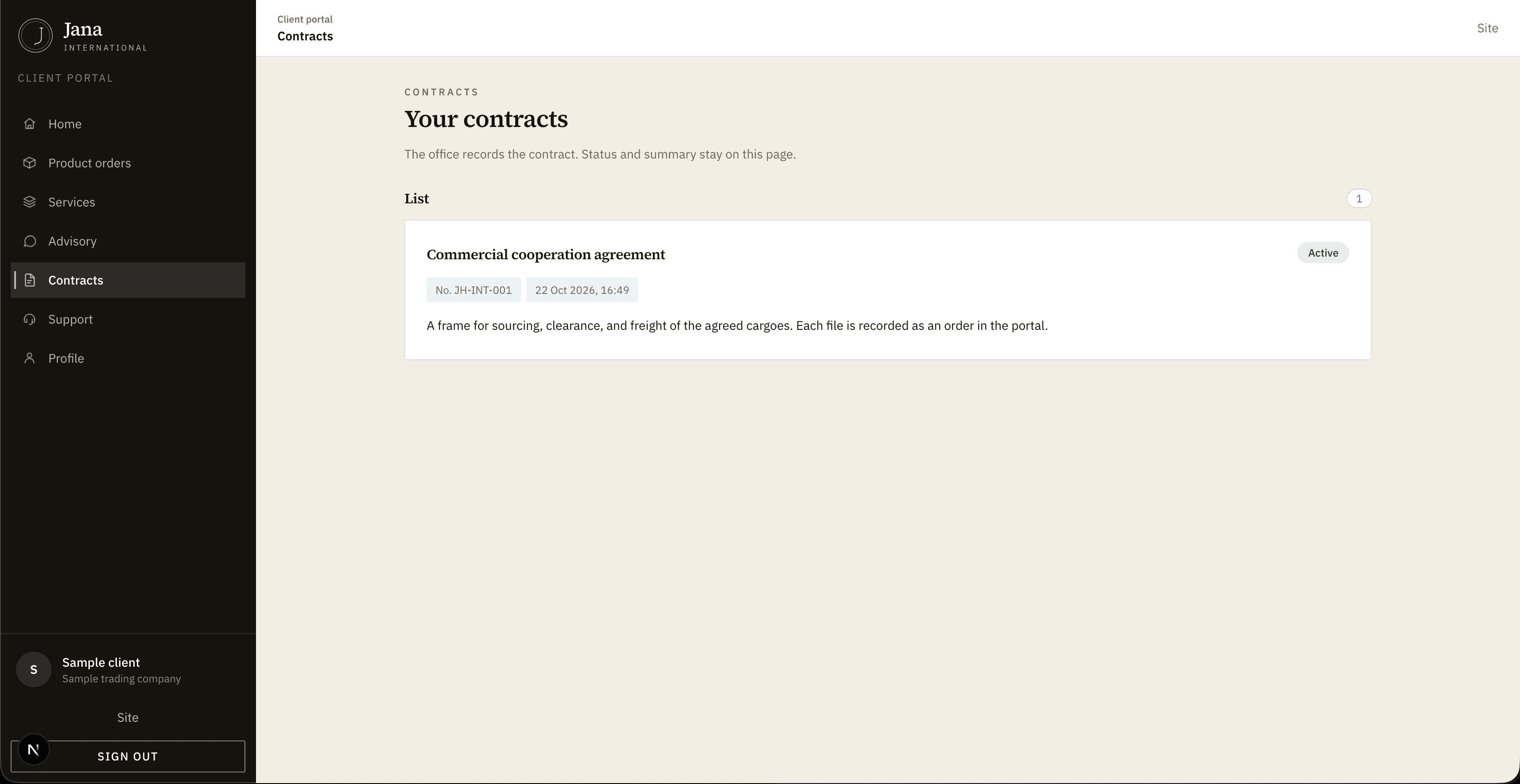 Screenshot of the contract list