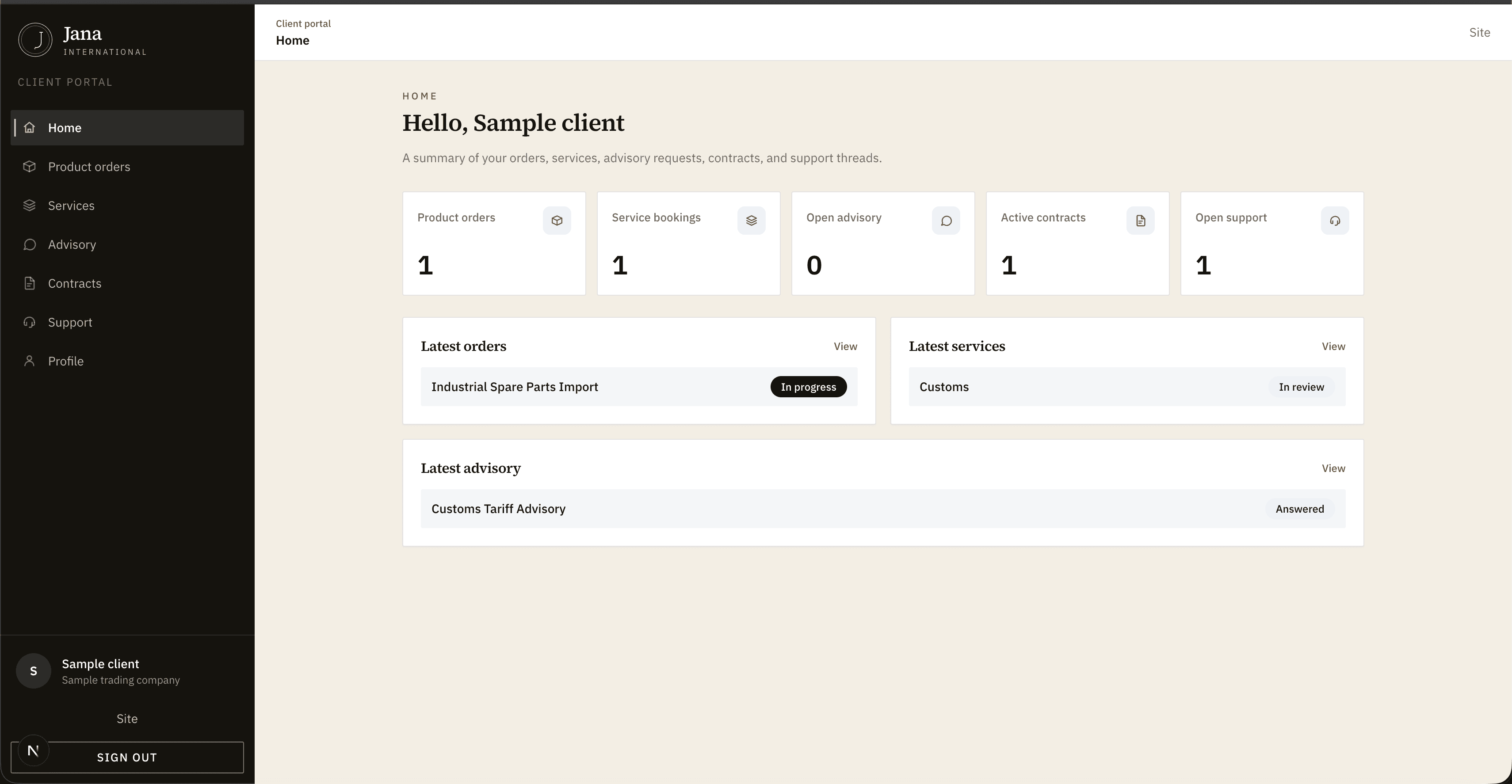 Screenshot of the client dashboard home